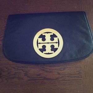 Tory Burch Black Leather Logo Clutch